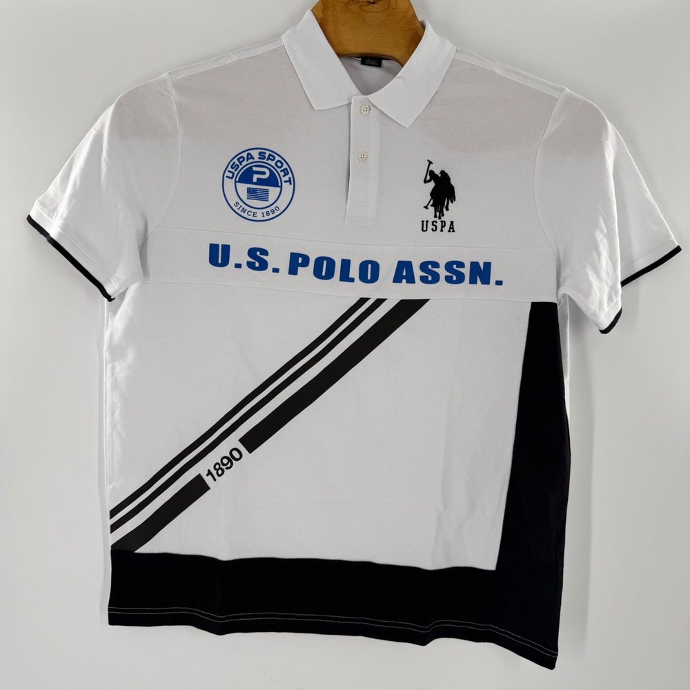 US Polo Assn Sport Mens XL White Black Blue Colorblock Graphic Pique Polo Shirt